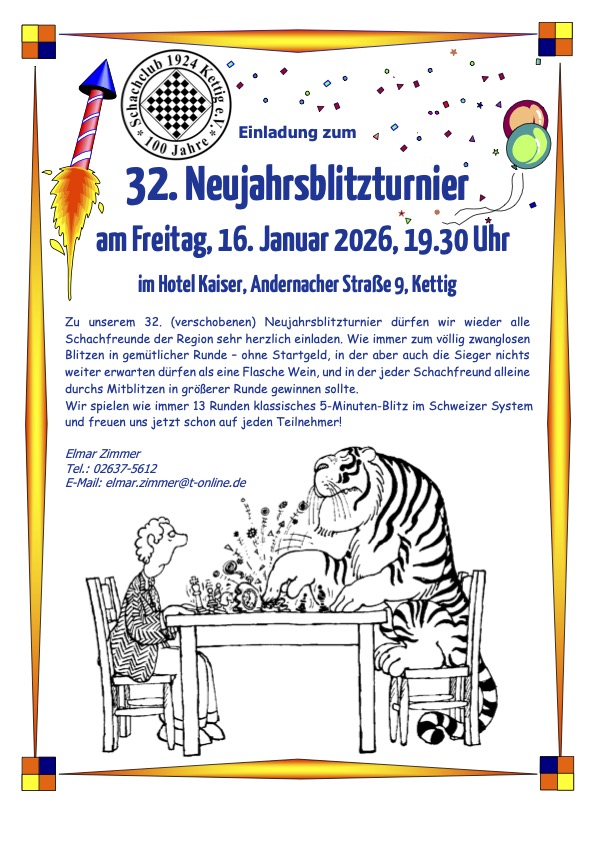 Neujahrsblitzturnier am 16. Januar 2026 im Hotel Kaiser in Kettig